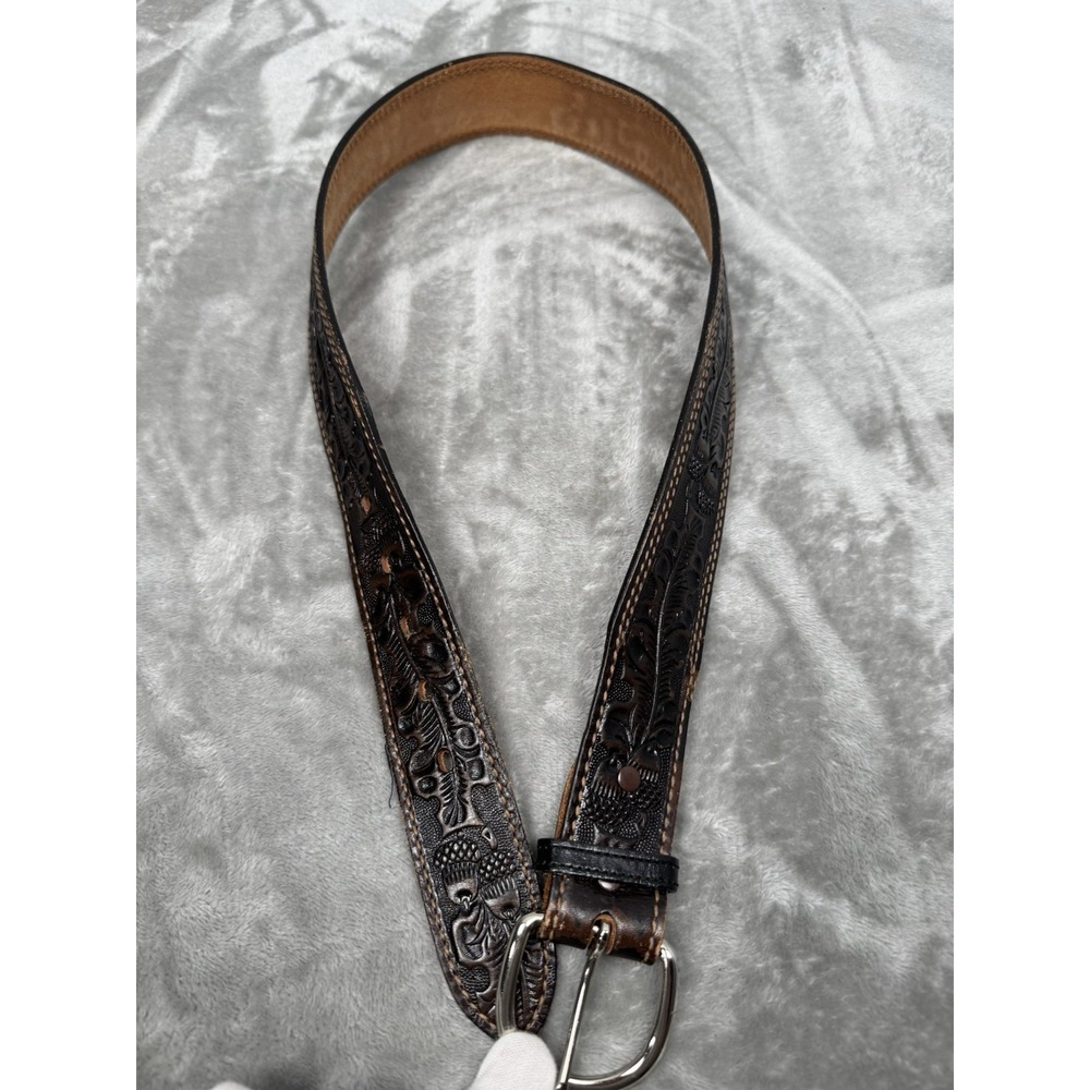 Vintage Tooled Leather Belt & Buckle Mens 32 Brown Western Cowboy Retro 80s 70s